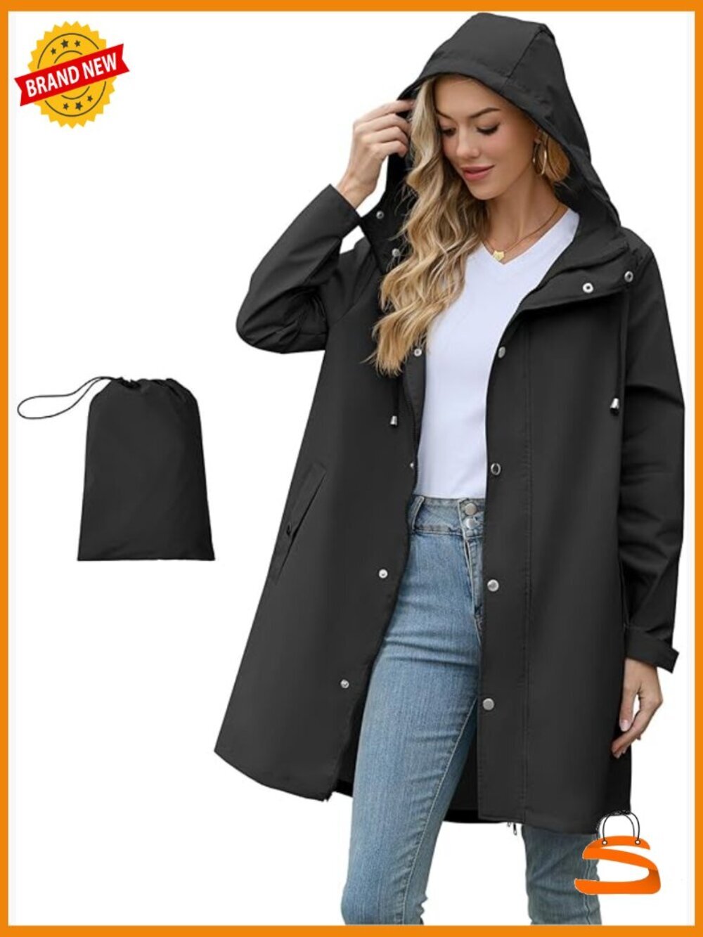 Packable Waterproof Rain Jacket with Hood Long Trench Windbreaker S-2XL